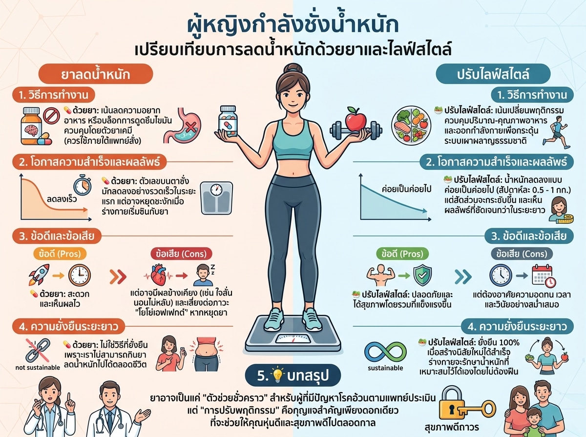ผู้หญิงกำลังชั่งน้ำหนัก เปรียบเทียบการลดน้ำหนักด้วยยาและไลฟ์สไตล์