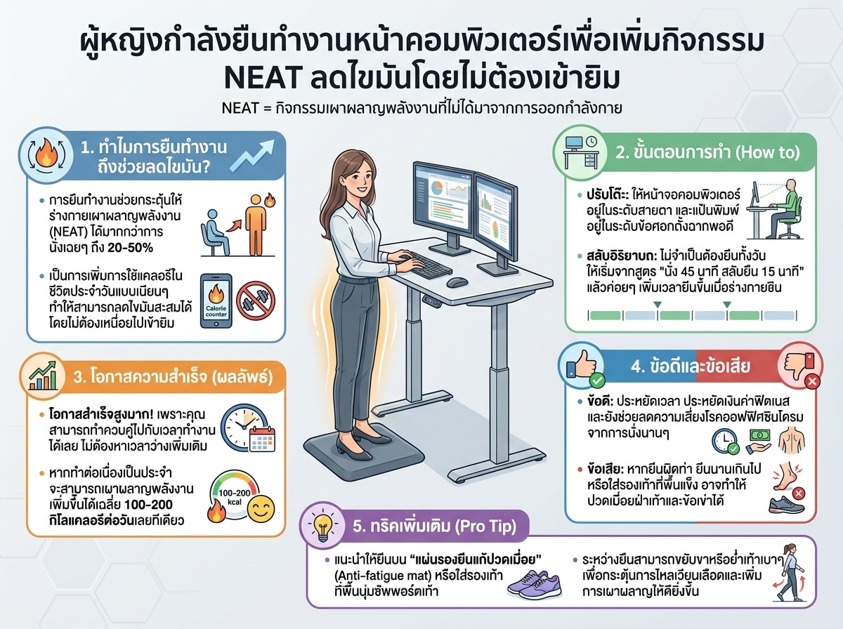ผู้หญิงกำลังยืนทำงานหน้าคอมพิวเตอร์เพื่อเพิ่มกิจกรรม NEAT ลดไขมันโดยไม่ต้องเข้ายิม