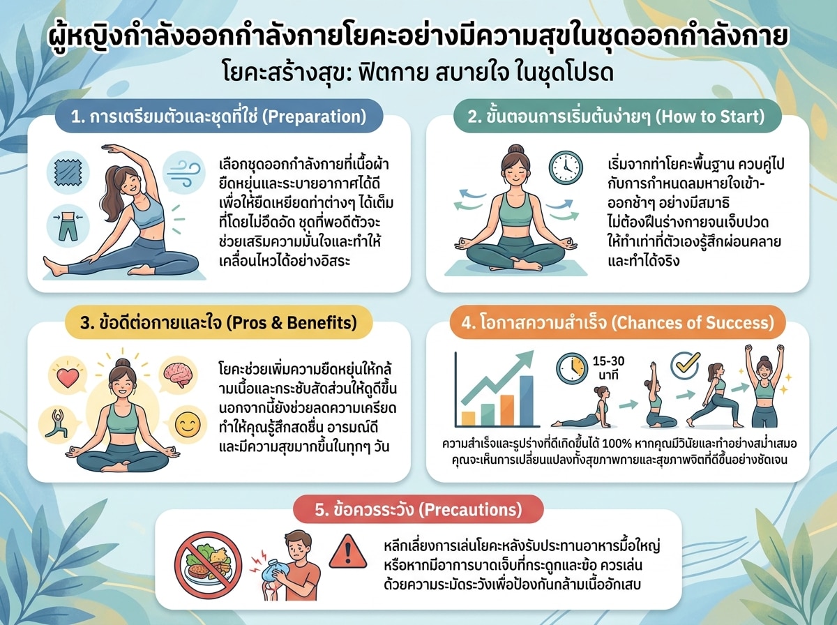ผู้หญิงกำลังออกกำลังกายโยคะอย่างมีความสุขในชุดออกกำลังกาย