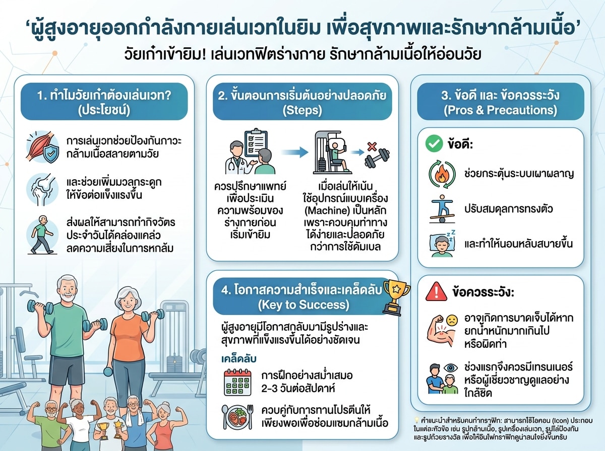 ผู้สูงอายุออกกำลังกายเล่นเวทในยิม เพื่อสุขภาพและรักษากล้ามเนื้อ