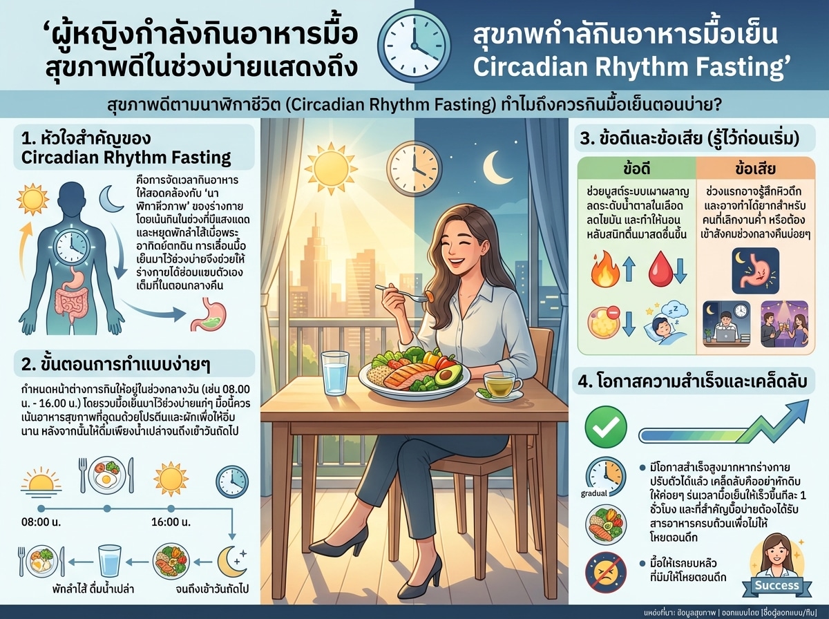 ผู้หญิงกำลังกินอาหารมื้อเย็นสุขภาพดีในช่วงบ่ายแสดงถึง Circadian Rhythm Fasting