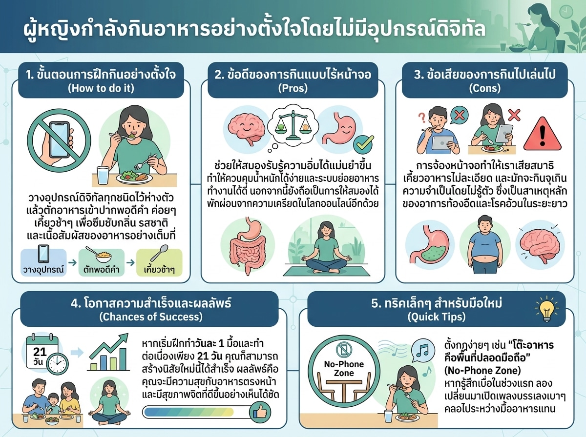 ผู้หญิงกำลังกินอาหารอย่างตั้งใจโดยไม่มีอุปกรณ์ดิจิทัล