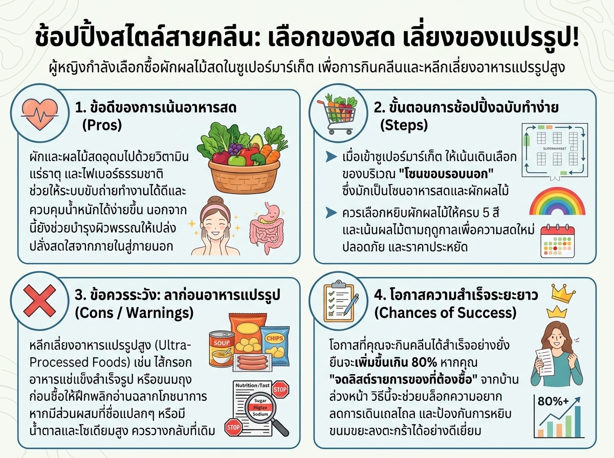 ผู้หญิงกำลังเลือกซื้อผักผลไม้สดในซูเปอร์มาร์เก็ต เพื่อการกินคลีนและหลีกเลี่ยงอาหารแปรรูปสูง