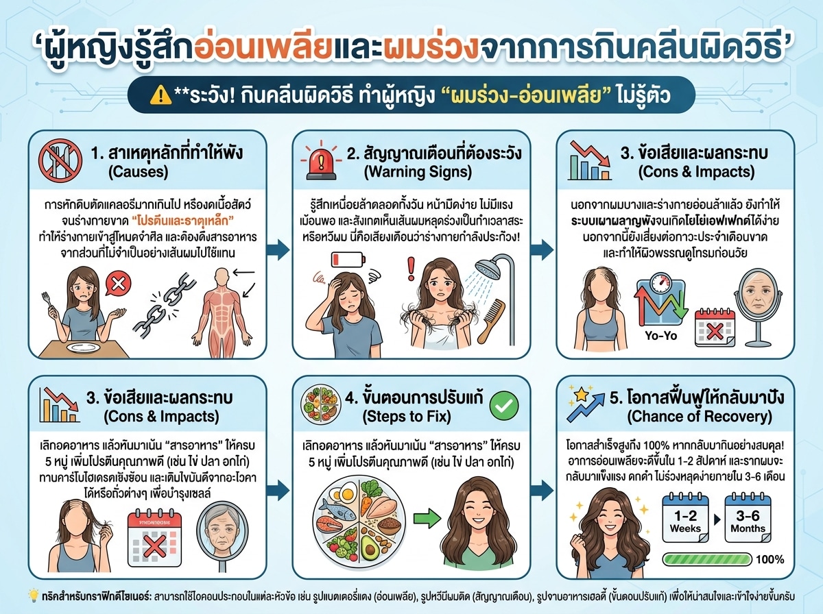 ผู้หญิงรู้สึกอ่อนเพลียและผมร่วงจากการกินคลีนผิดวิธี