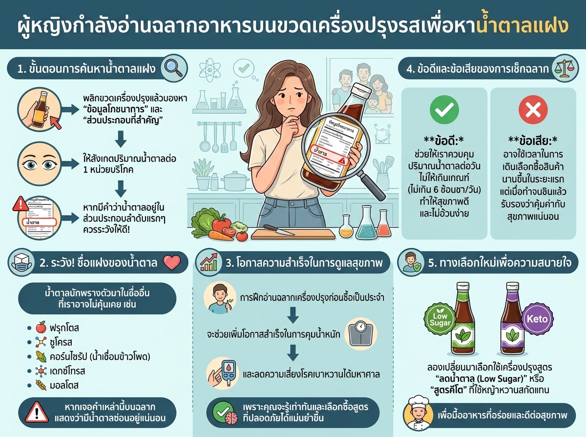 ผู้หญิงกำลังอ่านฉลากอาหารบนขวดเครื่องปรุงรสเพื่อหาน้ำตาลแฝง