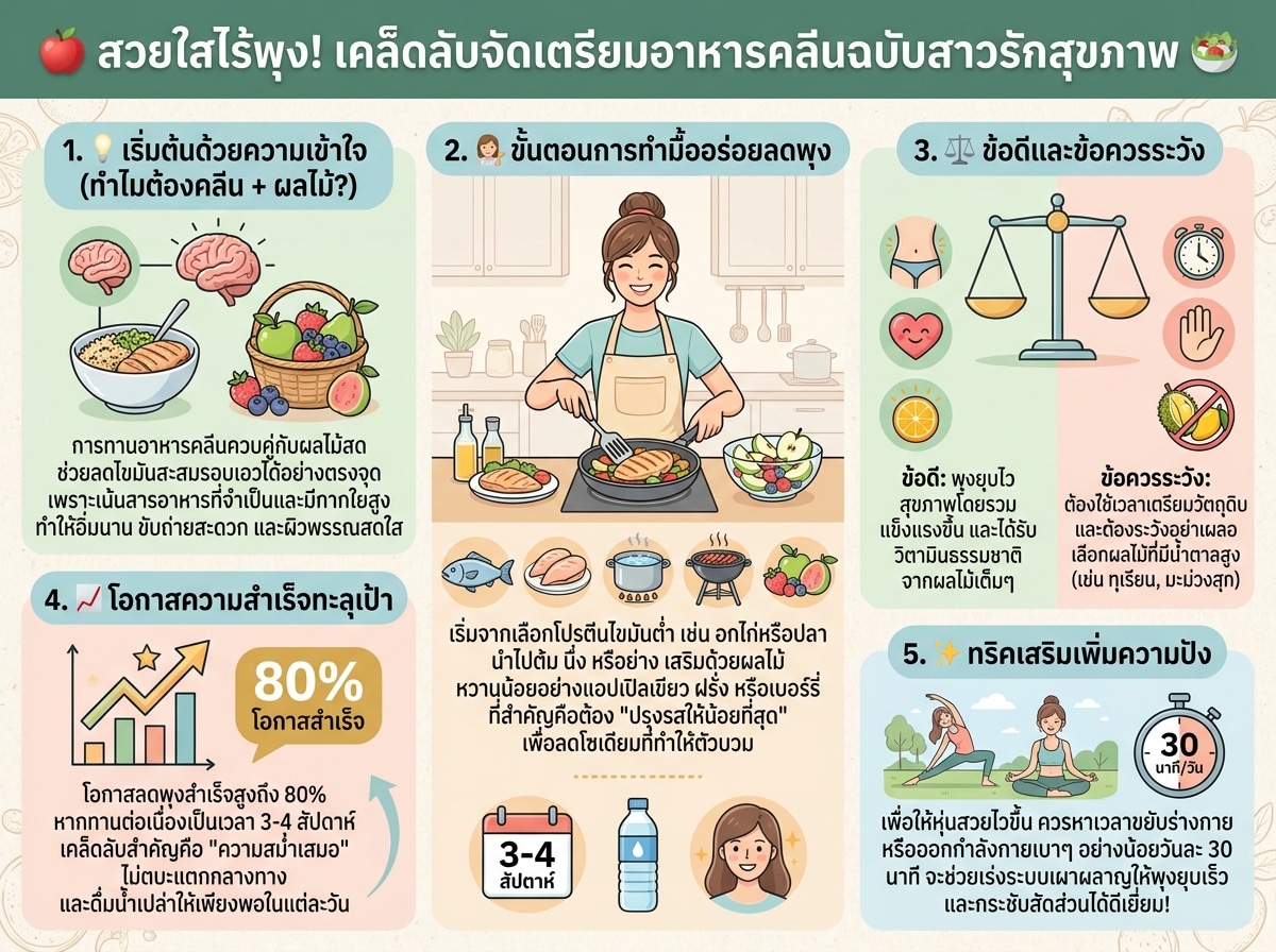 ผู้หญิงกำลังจัดเตรียมอาหารคลีนพร้อมผลไม้เพื่อสุขภาพดีลดพุง