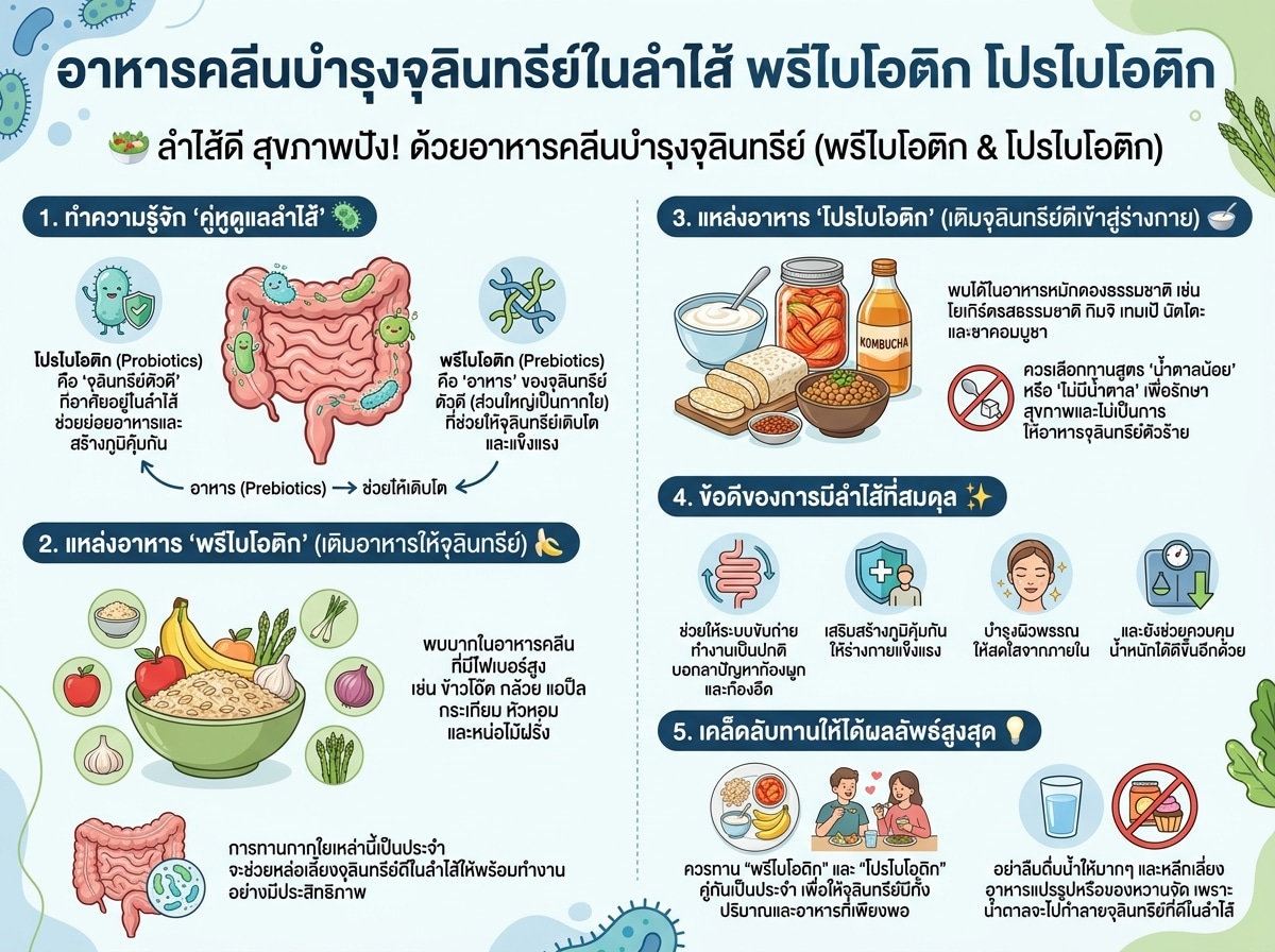 อาหารคลีนบำรุงจุลินทรีย์ในลำไส้ พรีไบโอติก โปรไบโอติก