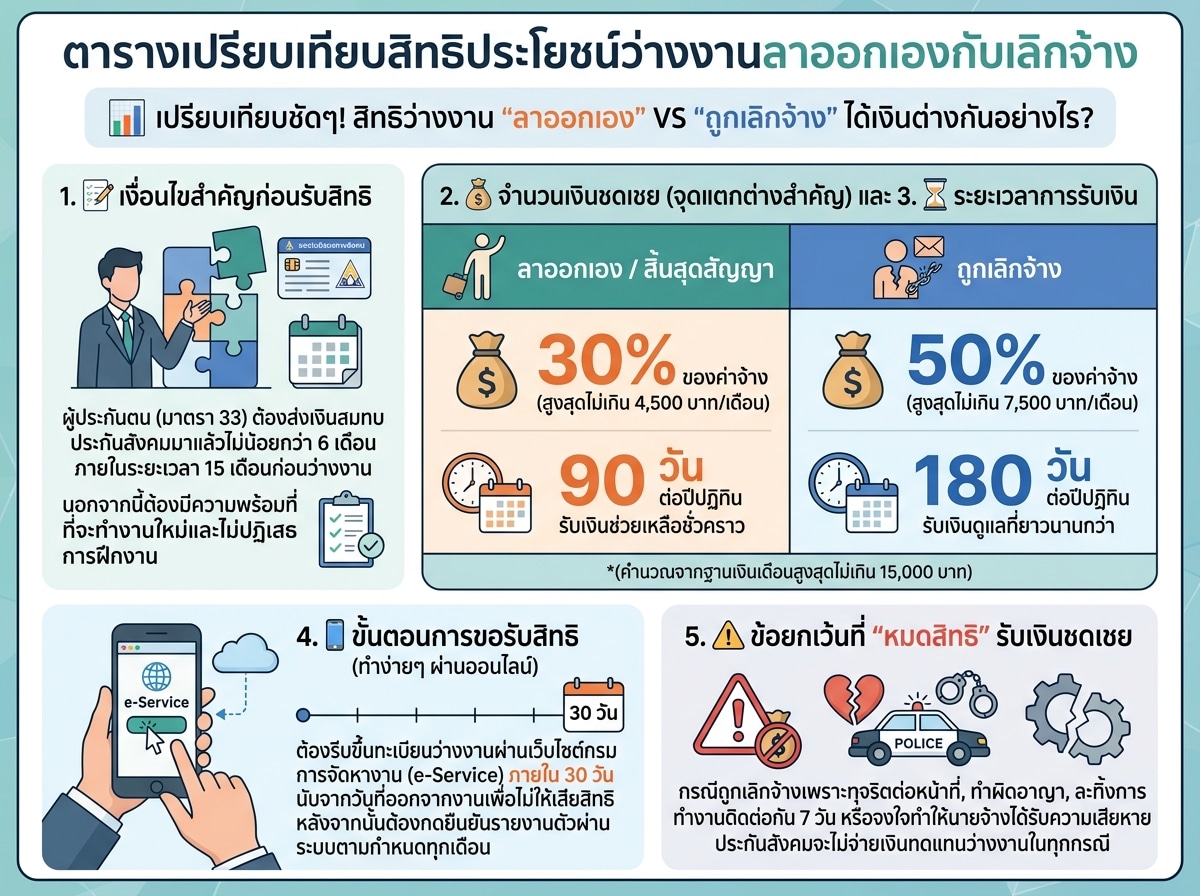 ตารางเปรียบเทียบสิทธิประโยชน์ว่างงานลาออกเองกับเลิกจ้าง