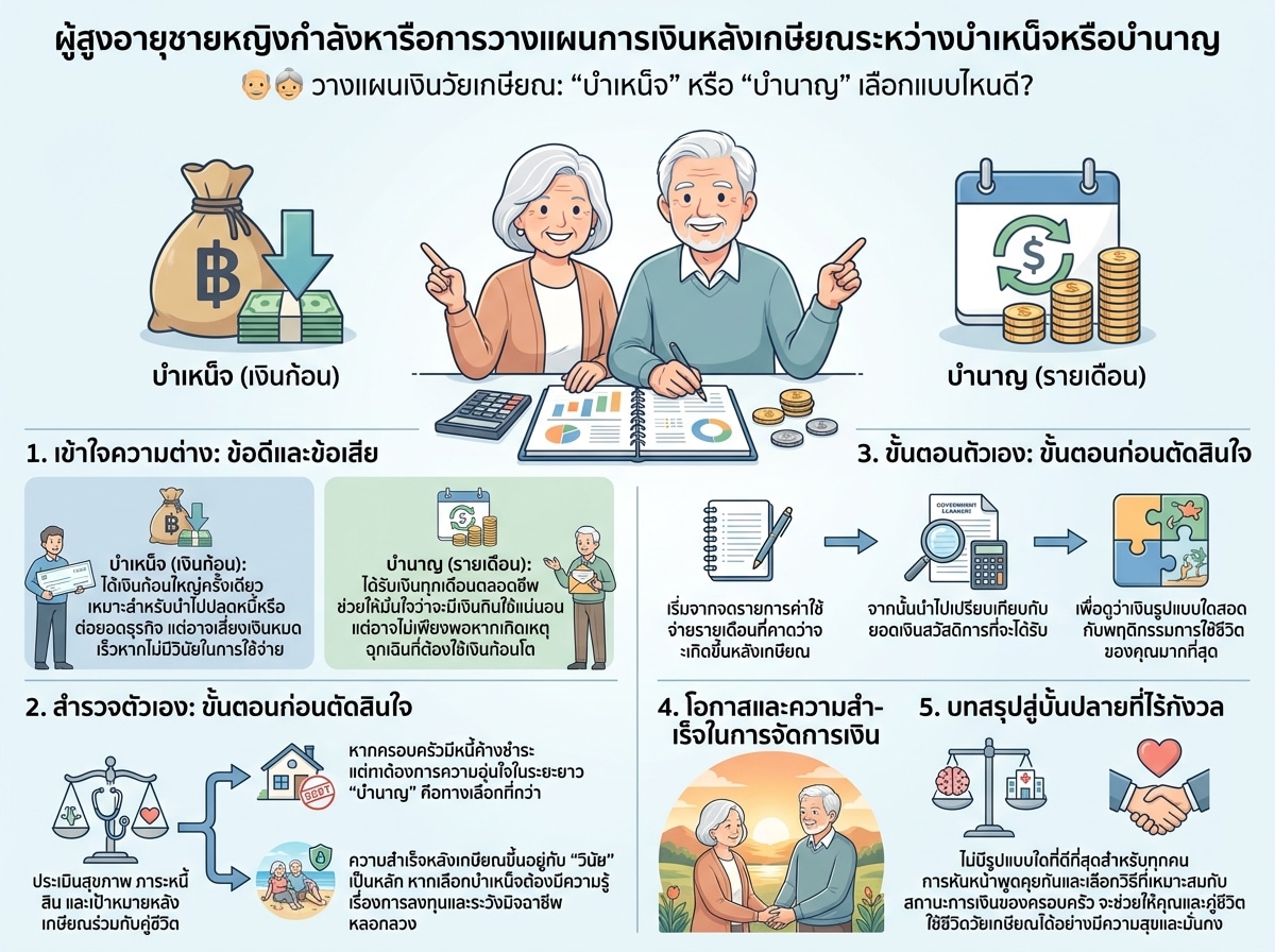 ผู้สูงอายุชายหญิงกำลังหารือการวางแผนการเงินหลังเกษียณระหว่างบำเหน็จหรือบำนาญ