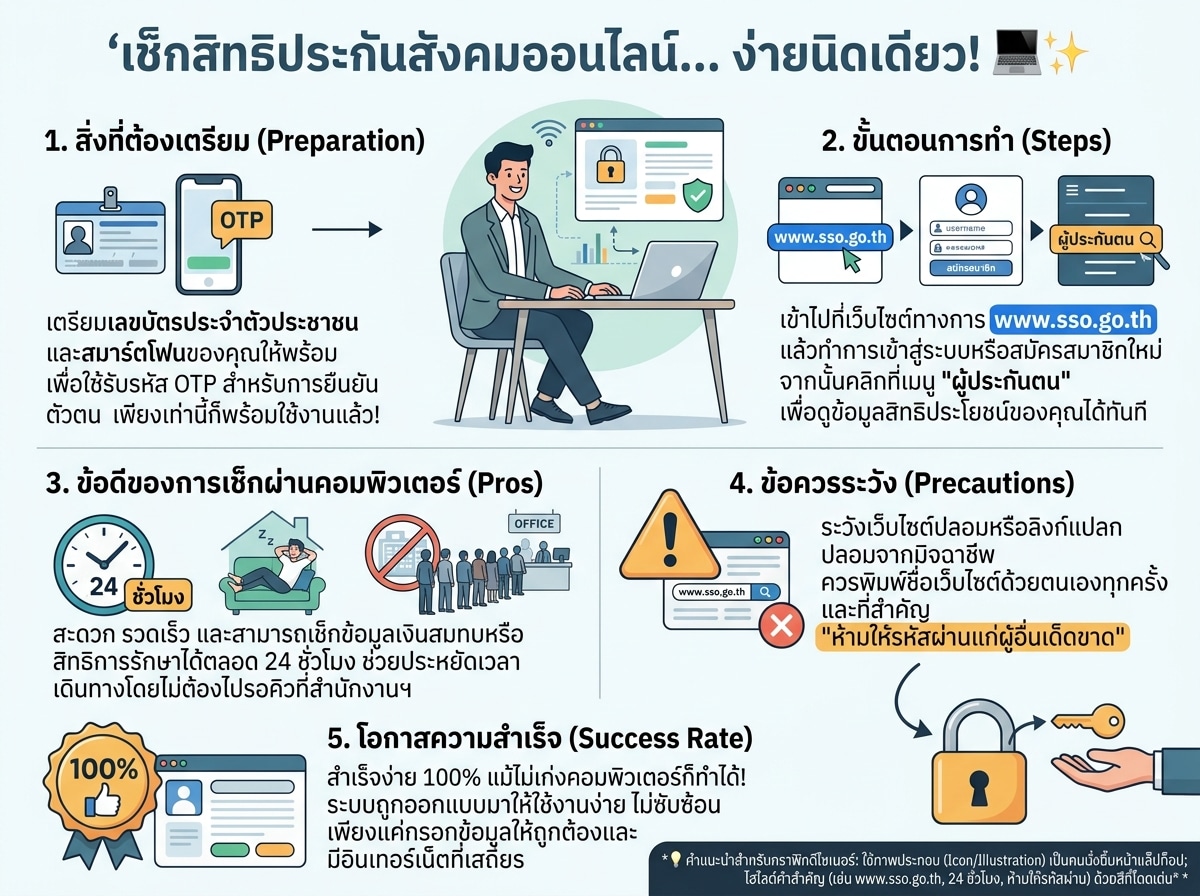 คนกำลังตรวจสอบสิทธิประกันสังคมบนคอมพิวเตอร์