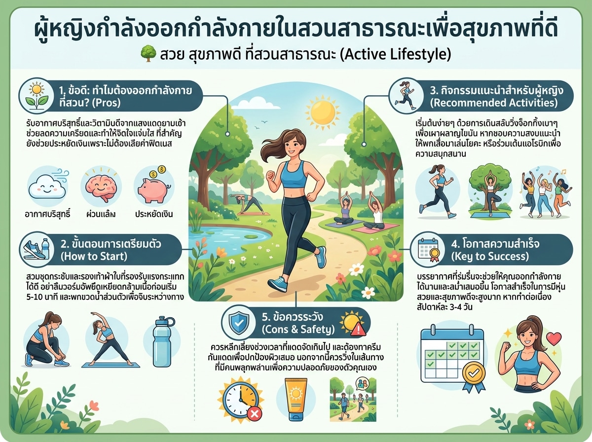 ผู้หญิงกำลังออกกำลังกายในสวนสาธารณะเพื่อสุขภาพที่ดี Active Lifestyle