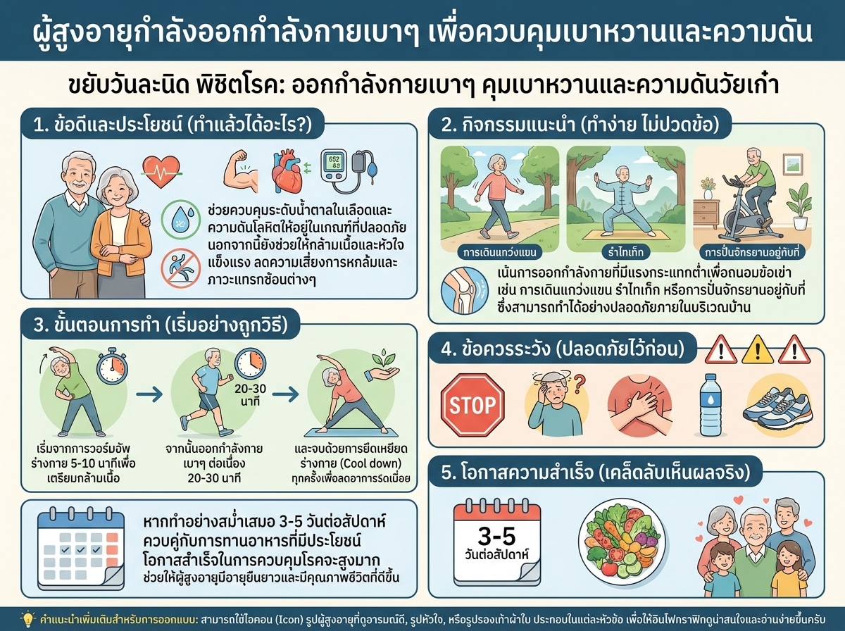 ผู้สูงอายุกำลังออกกำลังกายเบาๆ เพื่อควบคุมเบาหวานและความดัน