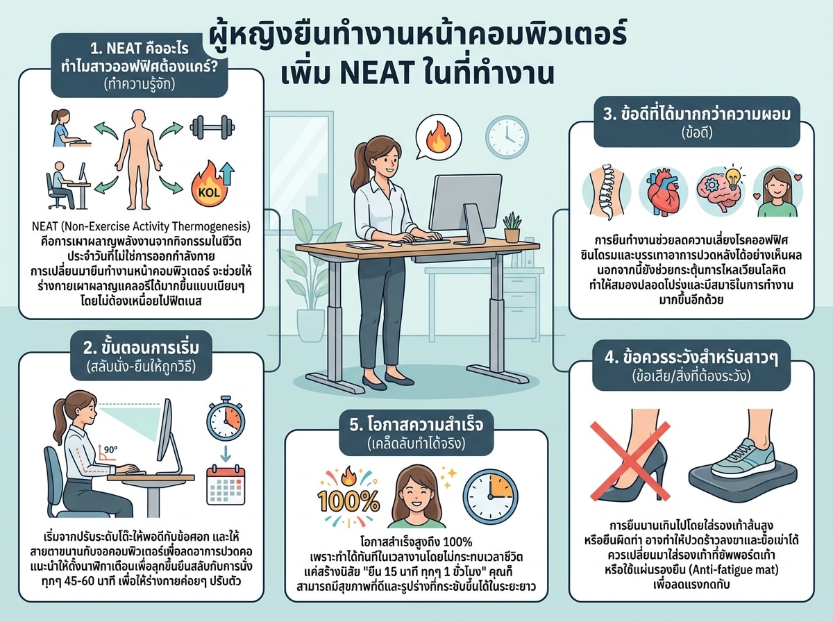 ผู้หญิงยืนทำงานหน้าคอมพิวเตอร์ เพิ่ม NEAT ในที่ทำงาน