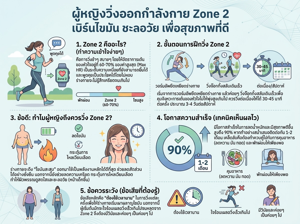 ผู้หญิงวิ่งออกกำลังกาย Zone 2 เบิร์นไขมัน ชะลอวัย เพื่อสุขภาพที่ดี