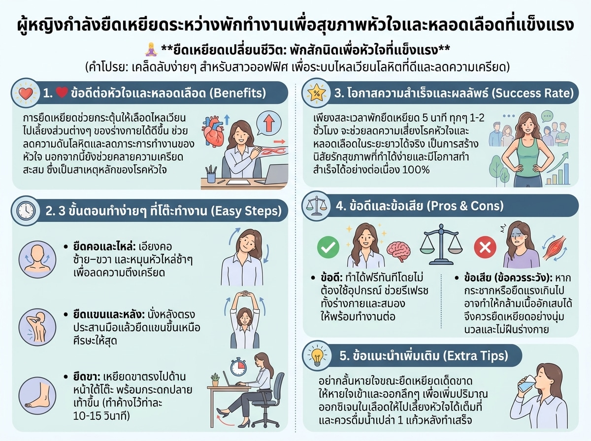 ผู้หญิงกำลังยืดเหยียดระหว่างพักทำงานเพื่อสุขภาพหัวใจและหลอดเลือดที่แข็งแรง