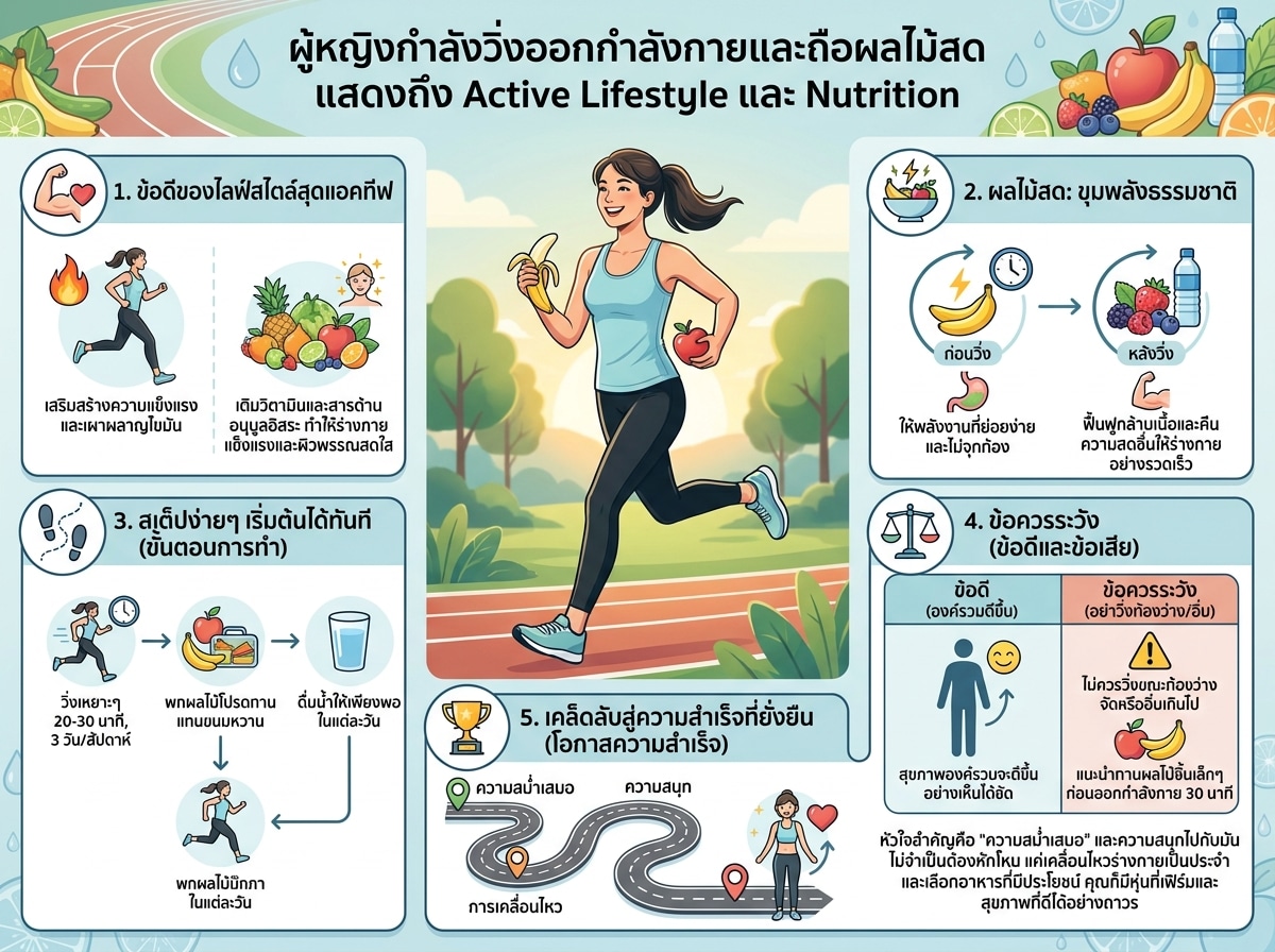 ผู้หญิงกำลังวิ่งออกกำลังกายและถือผลไม้สด แสดงถึง Active Lifestyle และ Nutrition