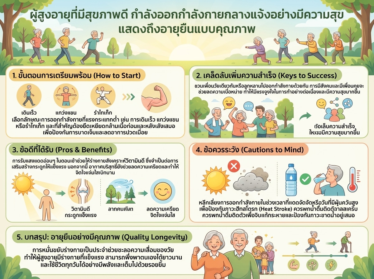 ผู้สูงอายุที่มีสุขภาพดี กำลังออกกำลังกายกลางแจ้งอย่างมีความสุข แสดงถึงอายุยืนแบบคุณภาพ