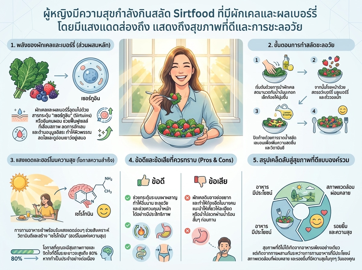 ผู้หญิงมีความสุขกำลังกินสลัด Sirtfood ที่มีผักเคลและผลเบอร์รี่ โดยมีแสงแดดส่องถึง แสดงถึงสุขภาพที่ดีและการชะลอวัย