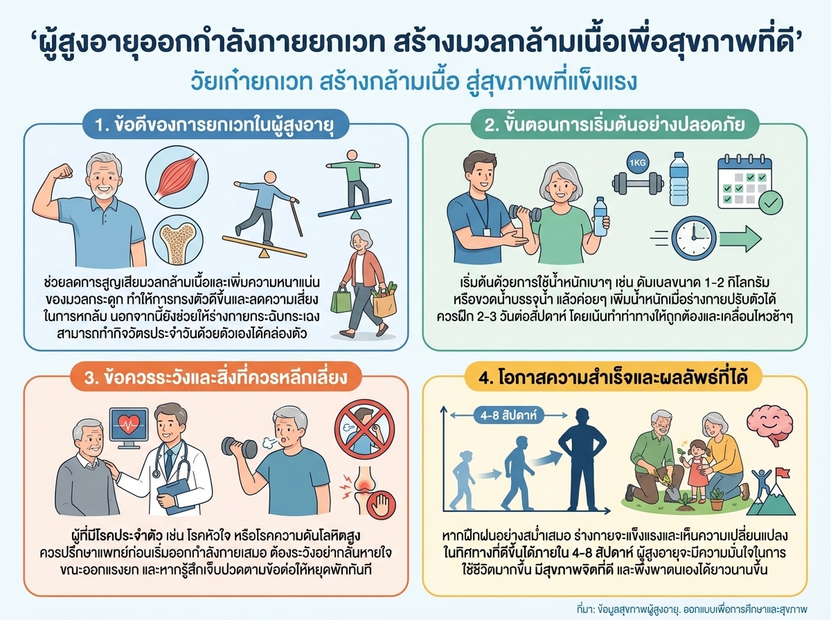 ผู้สูงอายุออกกำลังกายยกเวท สร้างมวลกล้ามเนื้อเพื่อสุขภาพที่ดี