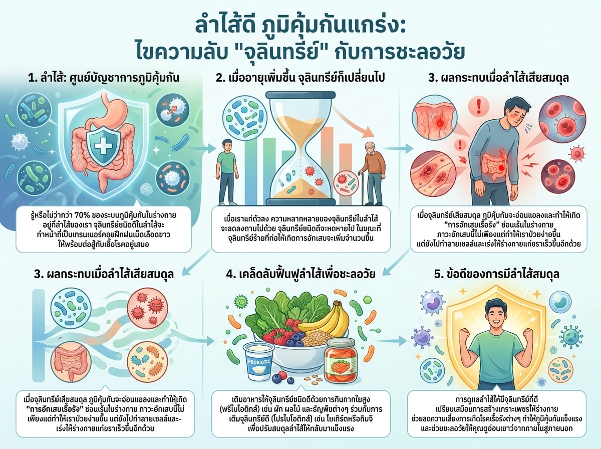 ภาพกราฟิกแสดงความสัมพันธ์ระหว่างจุลินทรีย์ในลำไส้กับความแก่ชราและระบบภูมิคุ้มกัน