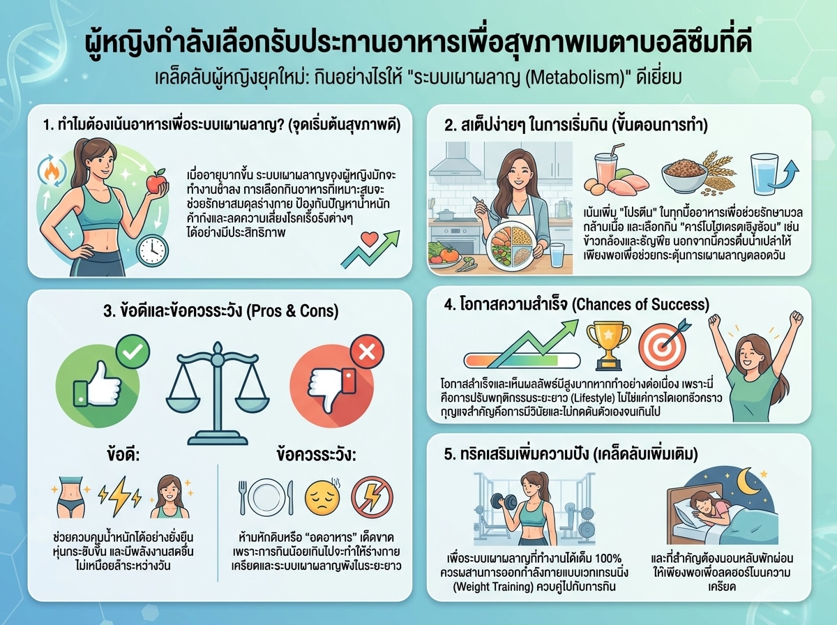 ผู้หญิงกำลังเลือกรับประทานอาหารเพื่อสุขภาพเมตาบอลิซึมที่ดี