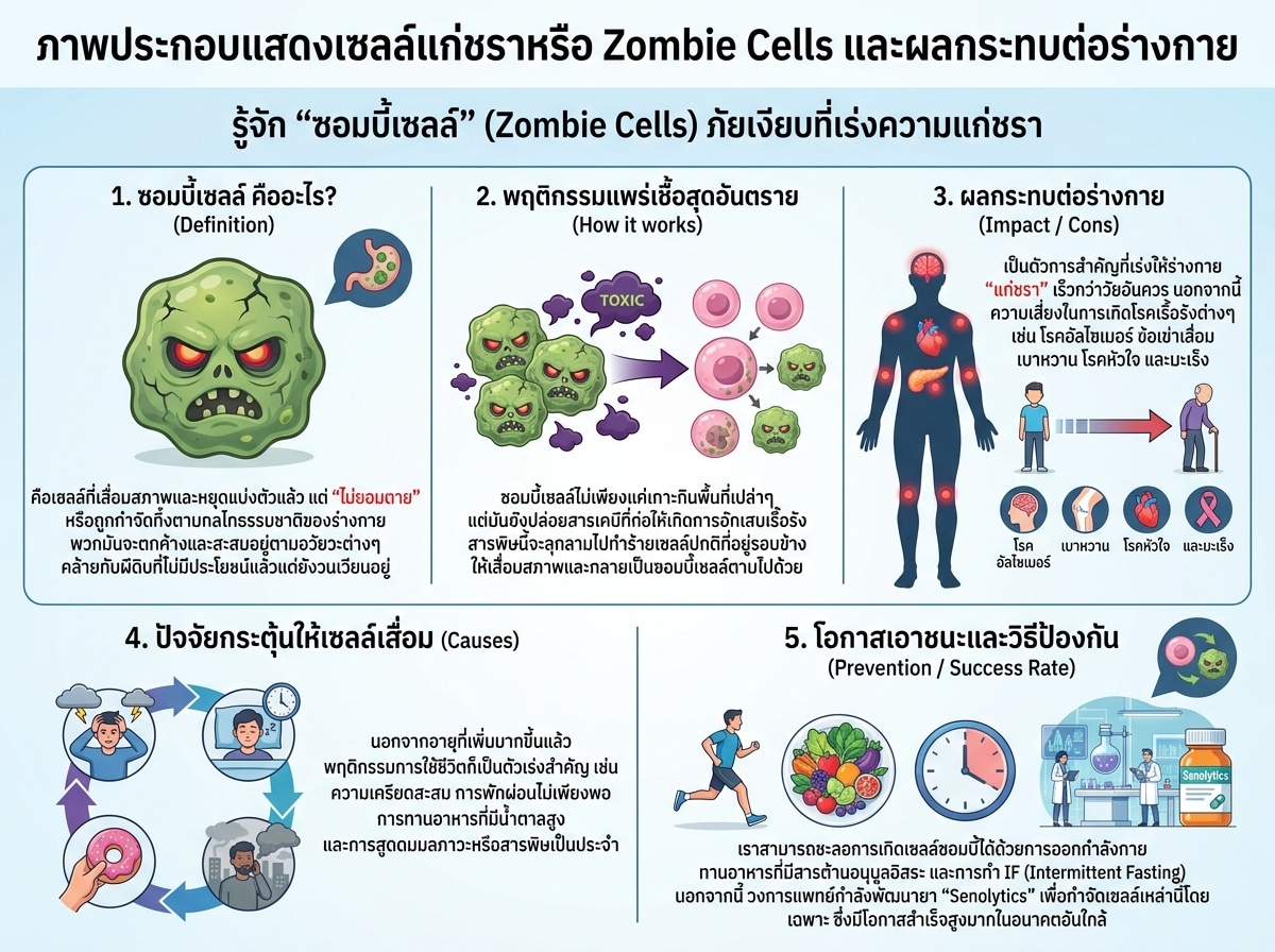 ภาพประกอบแสดงเซลล์แก่ชราหรือ Zombie Cells และผลกระทบต่อร่างกาย