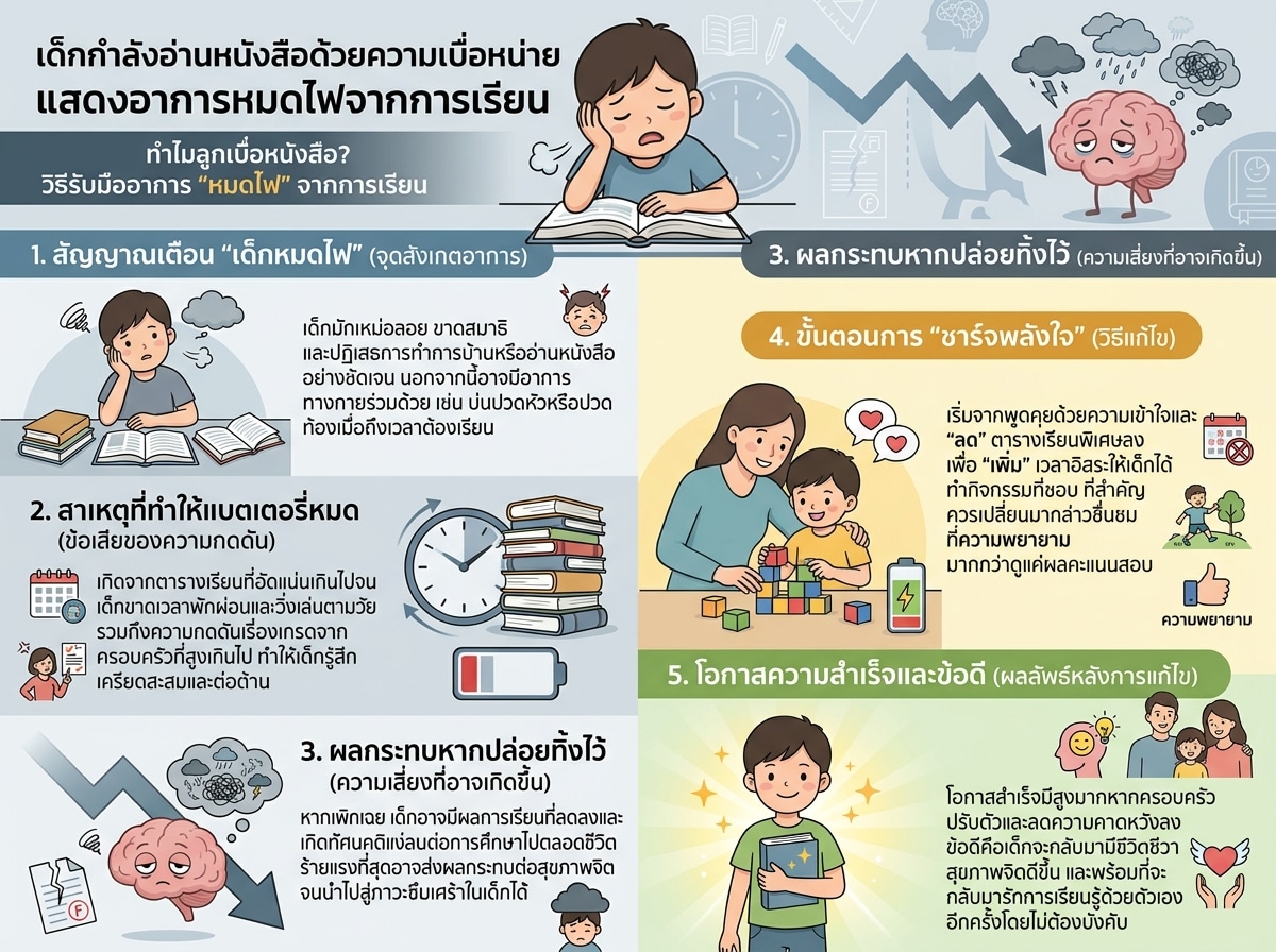 เด็กกำลังอ่านหนังสือด้วยความเบื่อหน่าย แสดงอาการหมดไฟจากการเรียน