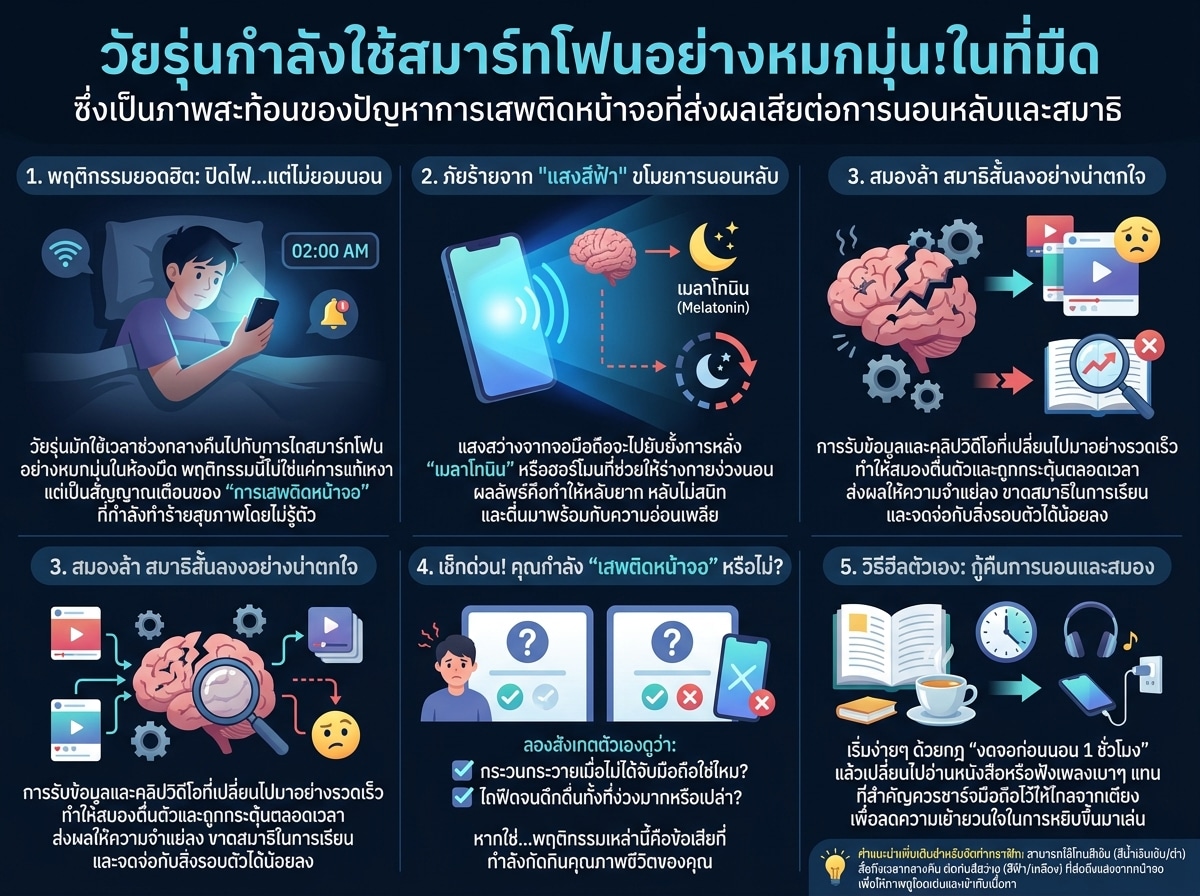 วัยรุ่นกำลังใช้สมาร์ทโฟนอย่างหมกมุ่นในที่มืด ซึ่งเป็นภาพสะท้อนของปัญหาการเสพติดหน้าจอที่ส่งผลเสียต่อการนอนหลับและสมาธิ