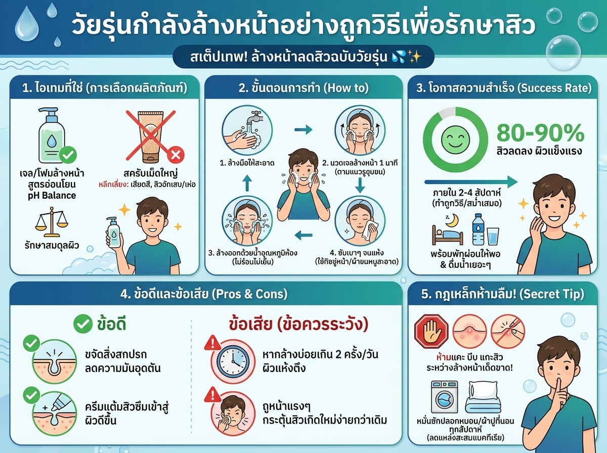 วัยรุ่นกำลังล้างหน้าอย่างถูกวิธีเพื่อรักษาสิว