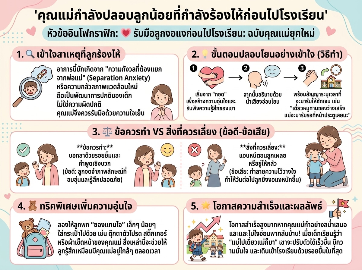 คุณแม่กำลังปลอบลูกน้อยที่กำลังร้องไห้ก่อนไปโรงเรียน