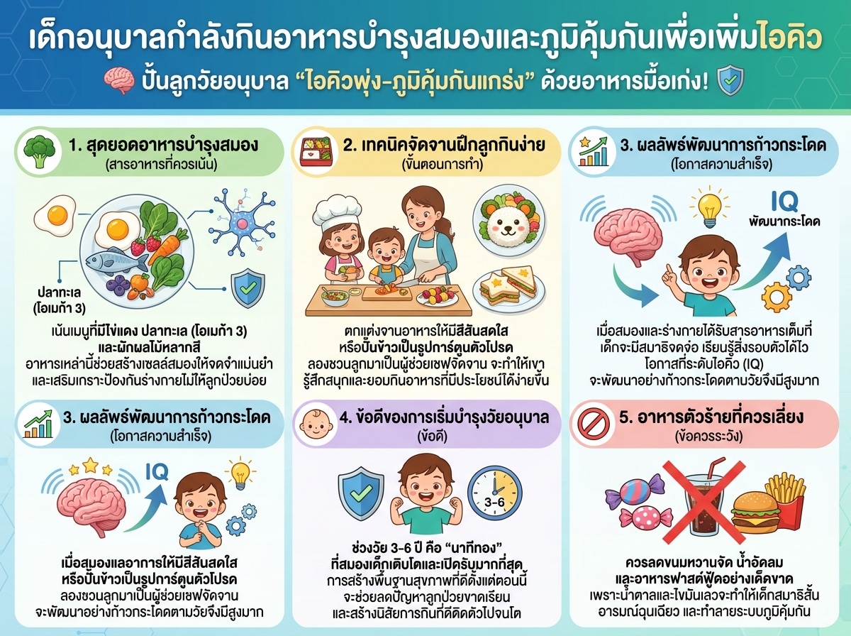 เด็กอนุบาลกำลังกินอาหารบำรุงสมองและภูมิคุ้มกันเพื่อเพิ่มไอคิว