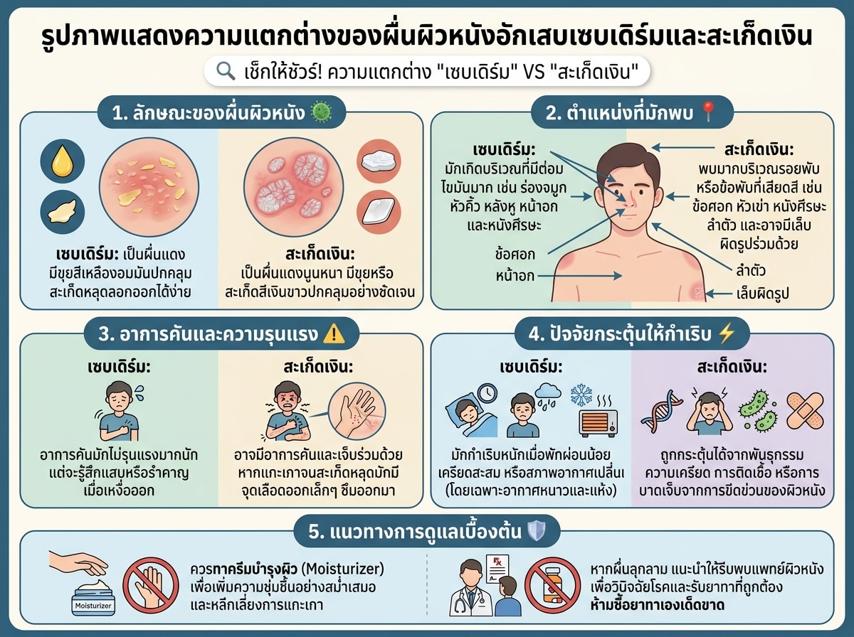 รูปภาพแสดงความแตกต่างของผื่นผิวหนังอักเสบเซบเดิร์มและสะเก็ดเงิน