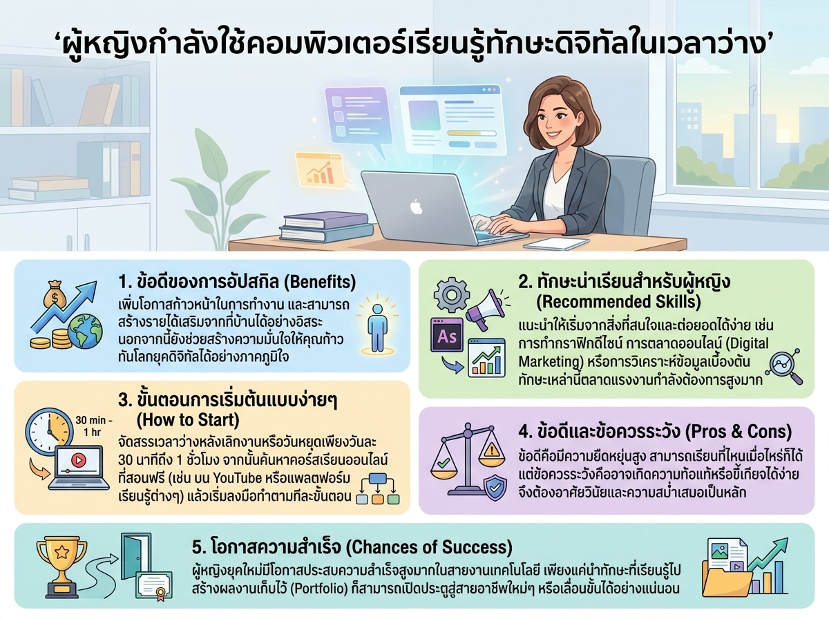 ผู้หญิงกำลังใช้คอมพิวเตอร์เรียนรู้ทักษะดิจิทัลในเวลาว่าง