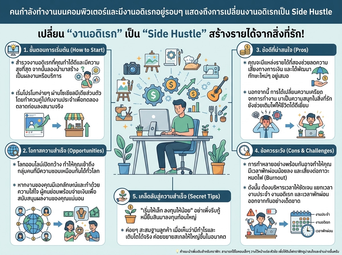 คนกำลังทำงานบนคอมพิวเตอร์และมีงานอดิเรกอยู่รอบๆ แสดงถึงการเปลี่ยนงานอดิเรกเป็น Side Hustle