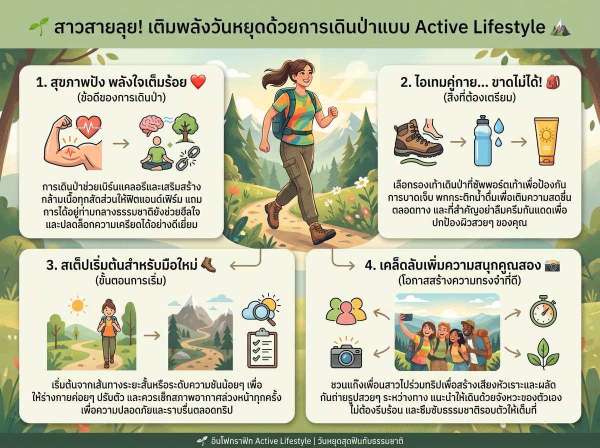 ผู้หญิงกำลังเดินป่าอย่างสนุกสนานกับ Active Lifestyle ในวันหยุด