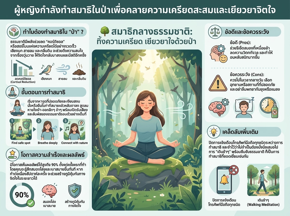 ผู้หญิงกำลังทำสมาธิในป่าเพื่อคลายความเครียดสะสมและเยียวยาจิตใจ