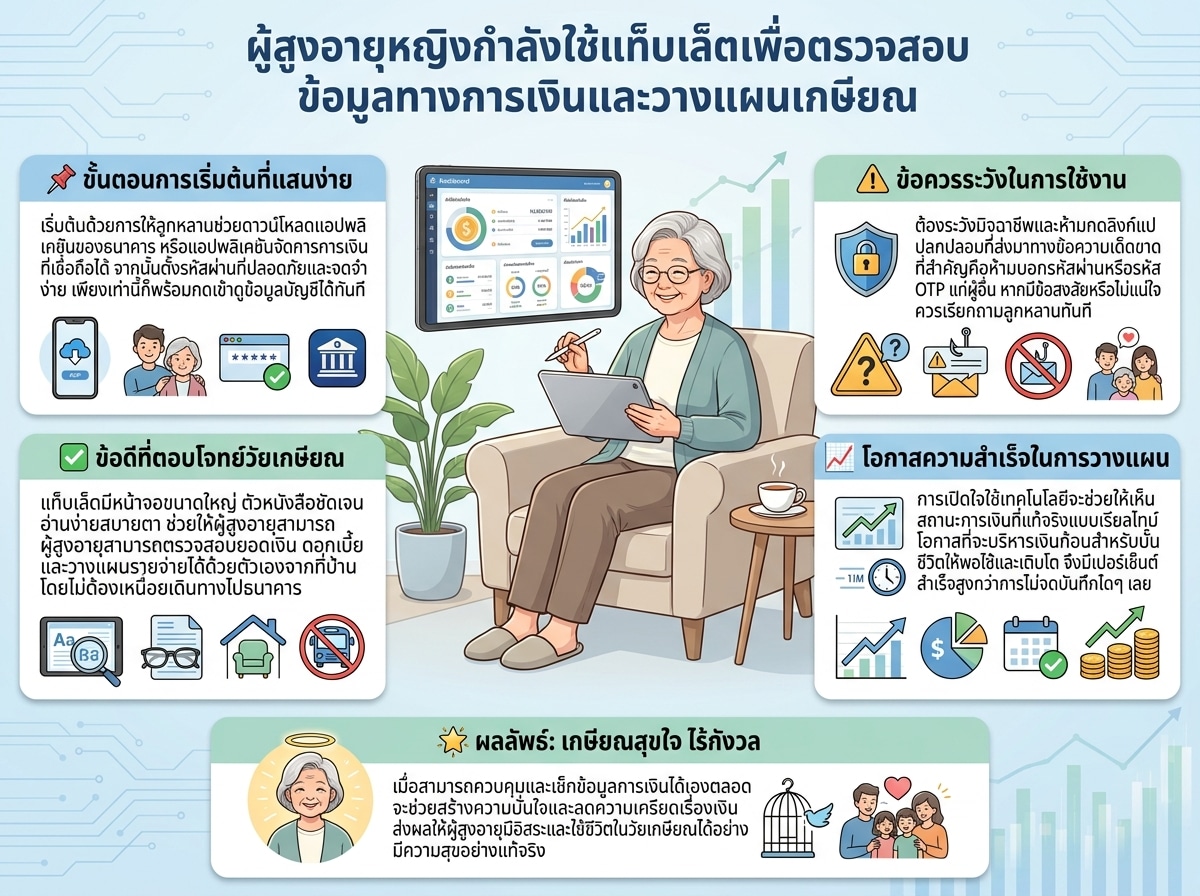 ผู้สูงอายุหญิงกำลังใช้แท็บเล็ตเพื่อตรวจสอบข้อมูลทางการเงินและวางแผนเกษียณ