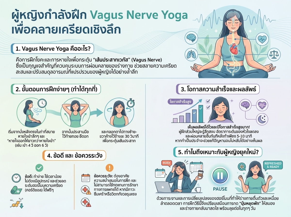ผู้หญิงกำลังฝึก Vagus Nerve Yoga เพื่อคลายเครียดเชิงลึก