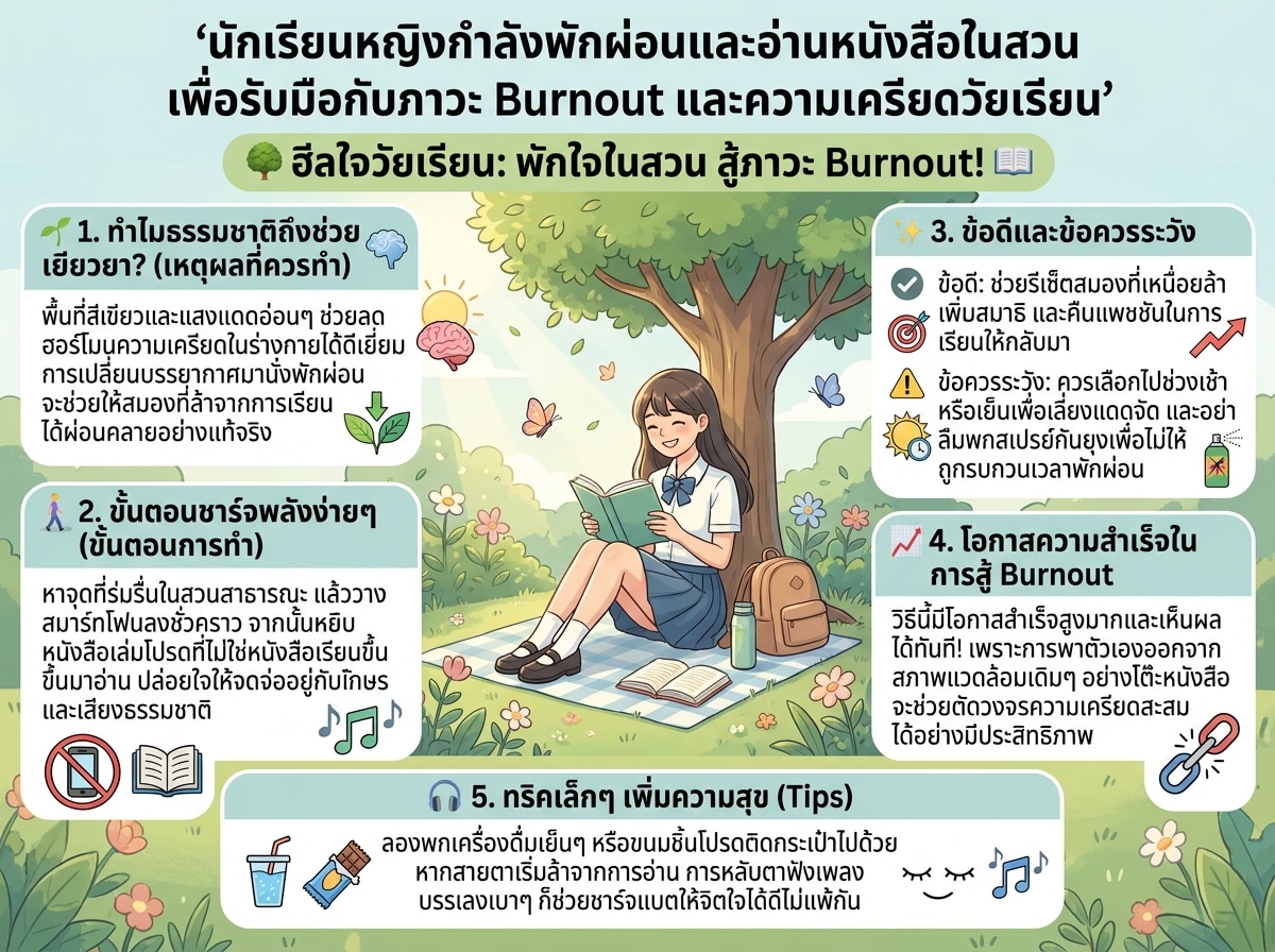 นักเรียนหญิงกำลังพักผ่อนและอ่านหนังสือในสวน เพื่อรับมือกับภาวะ Burnout และความเครียดวัยเรียน