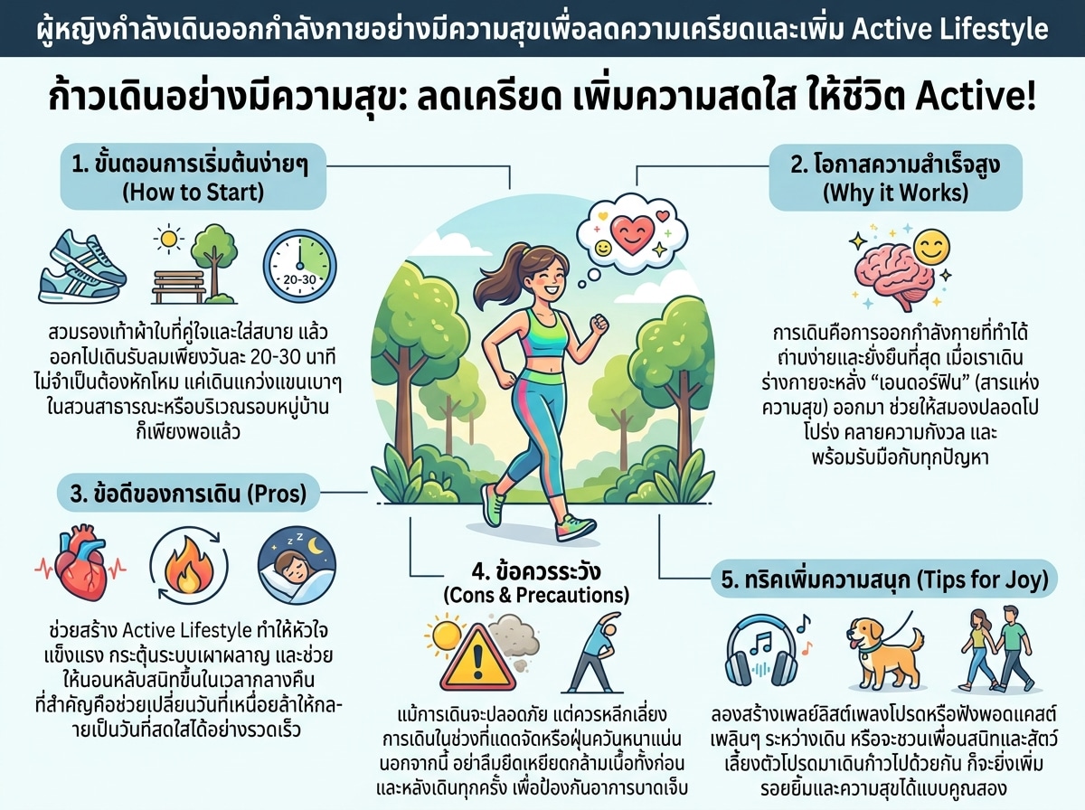 ผู้หญิงกำลังเดินออกกำลังกายอย่างมีความสุขเพื่อลดความเครียดและเพิ่ม Active Lifestyle