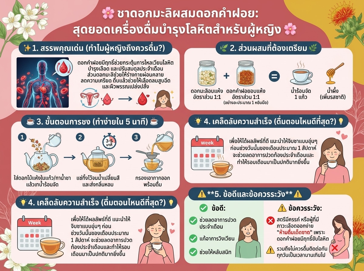 ชาดอกมะลิผสมดอกคำฝอย เครื่องดื่มบำรุงโลหิตสำหรับผู้หญิง