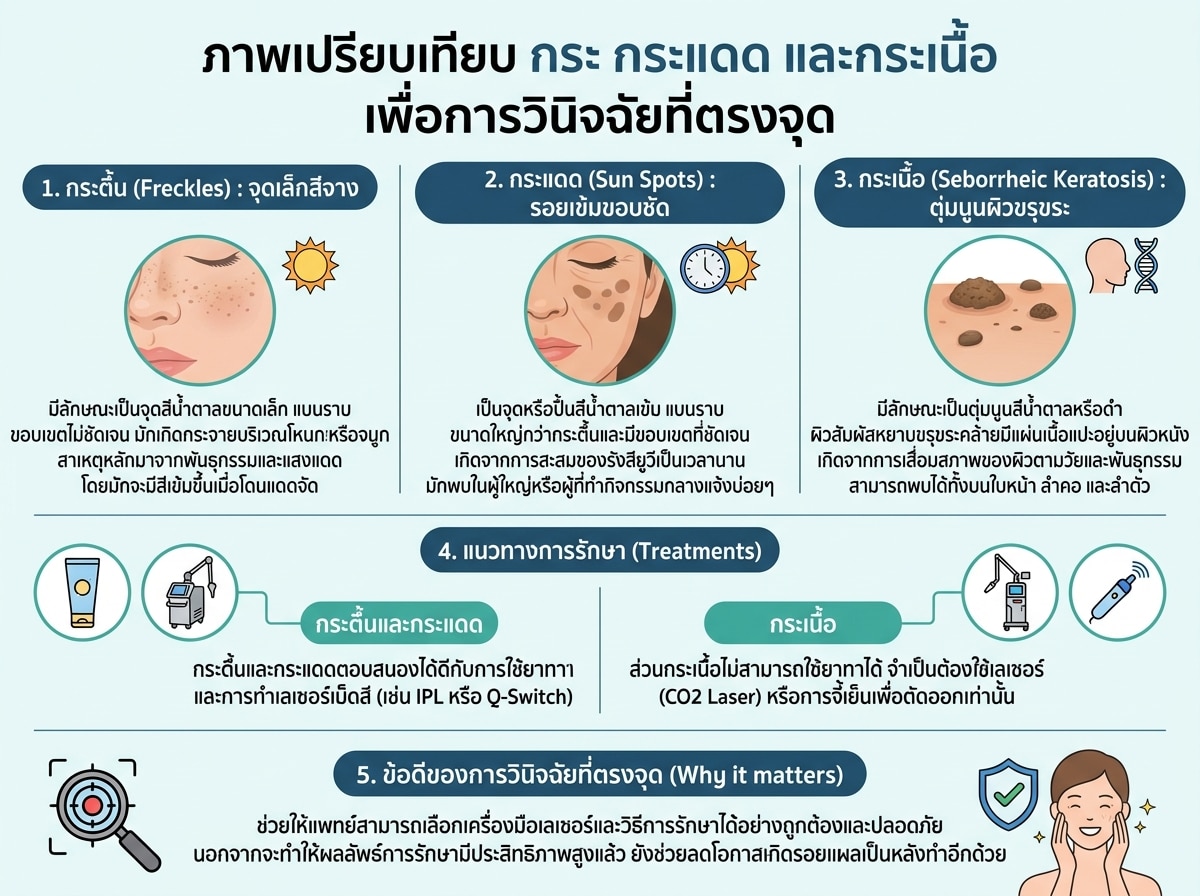 ภาพเปรียบเทียบ กระ กระแดด และกระเนื้อ เพื่อการวินิจฉัยที่ตรงจุด