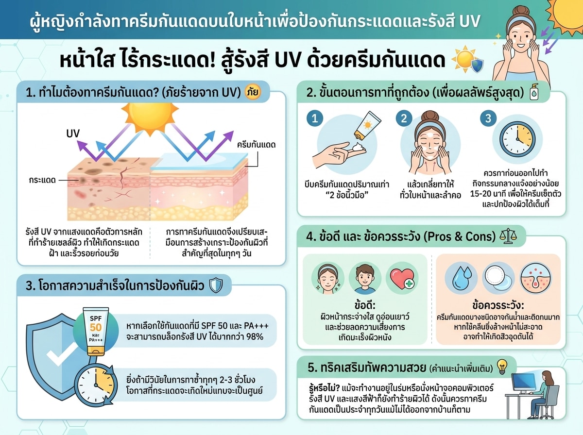 ผู้หญิงกำลังทาครีมกันแดดบนใบหน้าเพื่อป้องกันกระแดดและรังสี UV