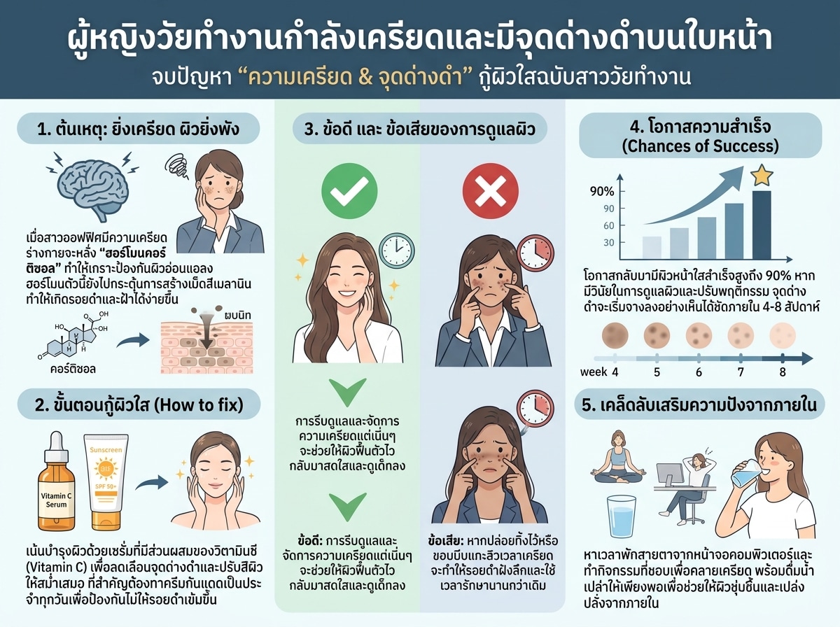 ผู้หญิงวัยทำงานกำลังเครียดและมีจุดด่างดำบนใบหน้า