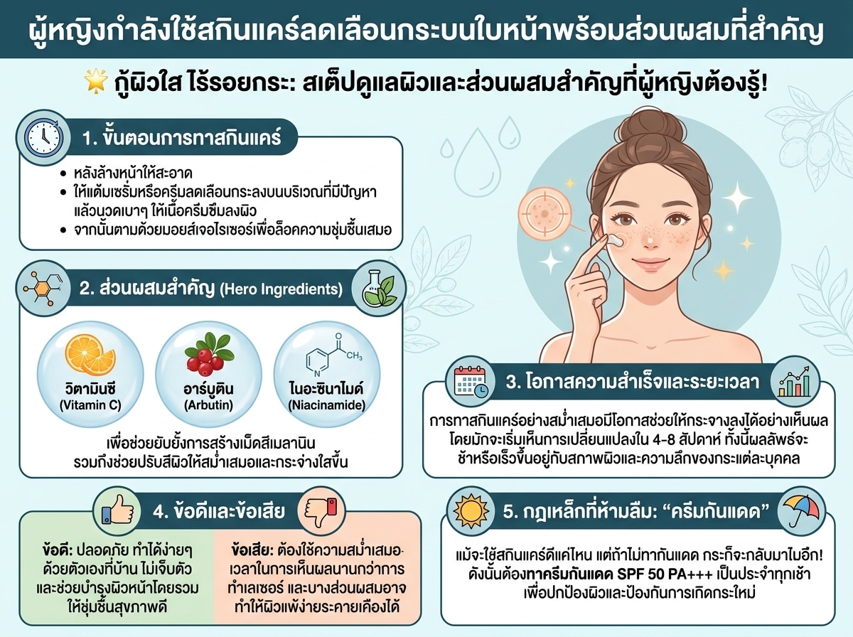 ผู้หญิงกำลังใช้สกินแคร์ลดเลือนกระบนใบหน้าพร้อมส่วนผสมที่สำคัญ