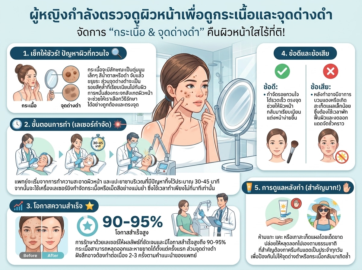 ผู้หญิงกำลังตรวจดูผิวหน้าเพื่อดูกระเนื้อและจุดด่างดำ