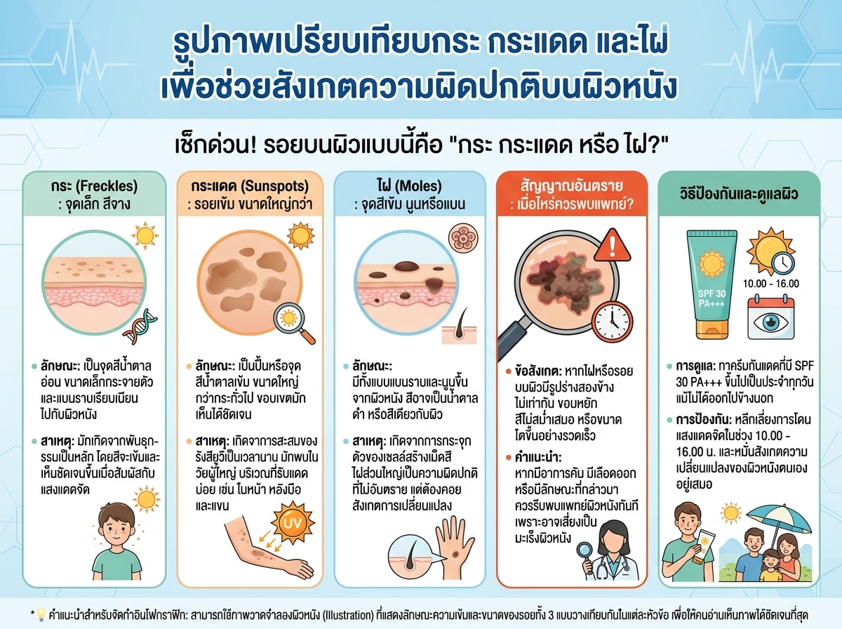 รูปภาพเปรียบเทียบกระ กระแดด และไฝ เพื่อช่วยสังเกตความผิดปกติบนผิวหนัง