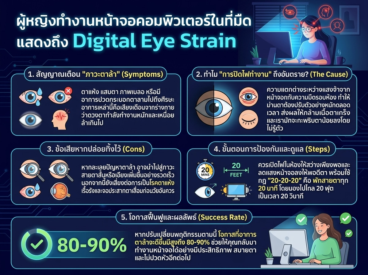 ผู้หญิงทำงานหน้าจอคอมพิวเตอร์ในที่มืด แสดงถึง Digital Eye Strain