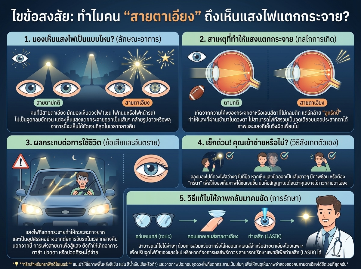 ภาพแสดงแสงไฟแตกกระจายจากสายตาเอียง