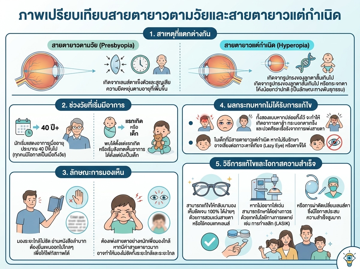 ภาพเปรียบเทียบสายตายาวตามวัยและสายตายาวแต่กำเนิด